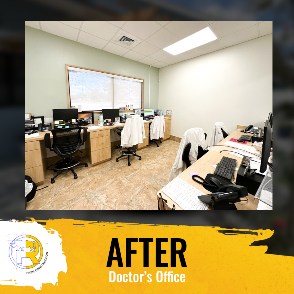 This Before graphic showcases what the vet hospital's doctor's office looked like after renovation. There are desks on either side of the room and there is new paint on the walls, among other renovations. The copy states, "AFTER," "Doctor's Office"