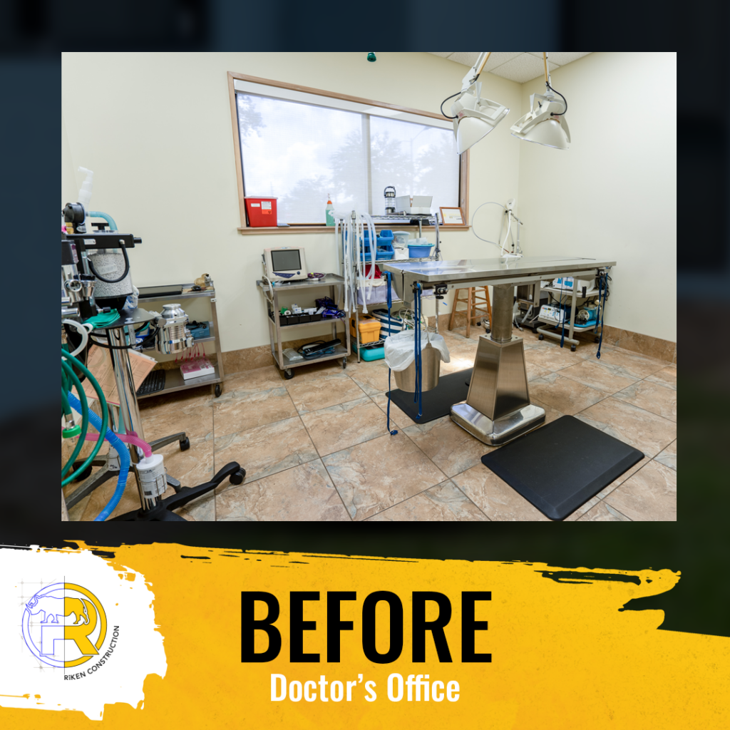 This Before graphic showcases what the vet hospital's doctor's office looked like before the renovation. There is equipment in this room and an operating table. The copy states, "BEFORE," "Doctor's Office"