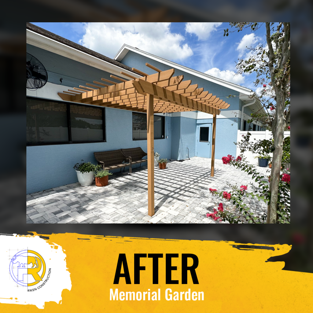 This graphic has an image of Memorial Garden after the renovation at Flora Family Vet. The copy reads, "AFTER," "Memorial Garden"