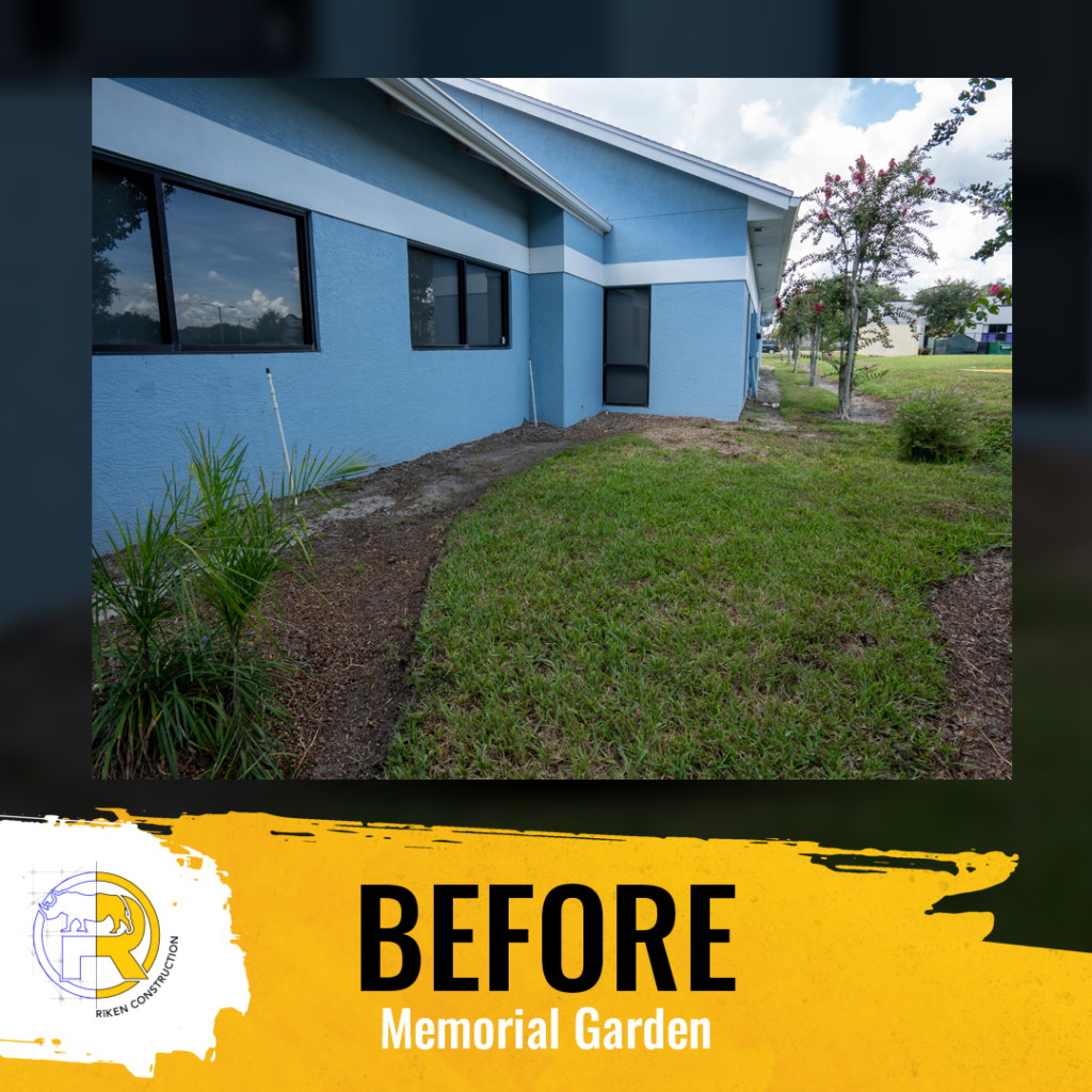 This graphic has an image of Memorial Garden prior to remodel at Flora Family Vet. The copy reads, "BEFORE," "Memorial Garden"