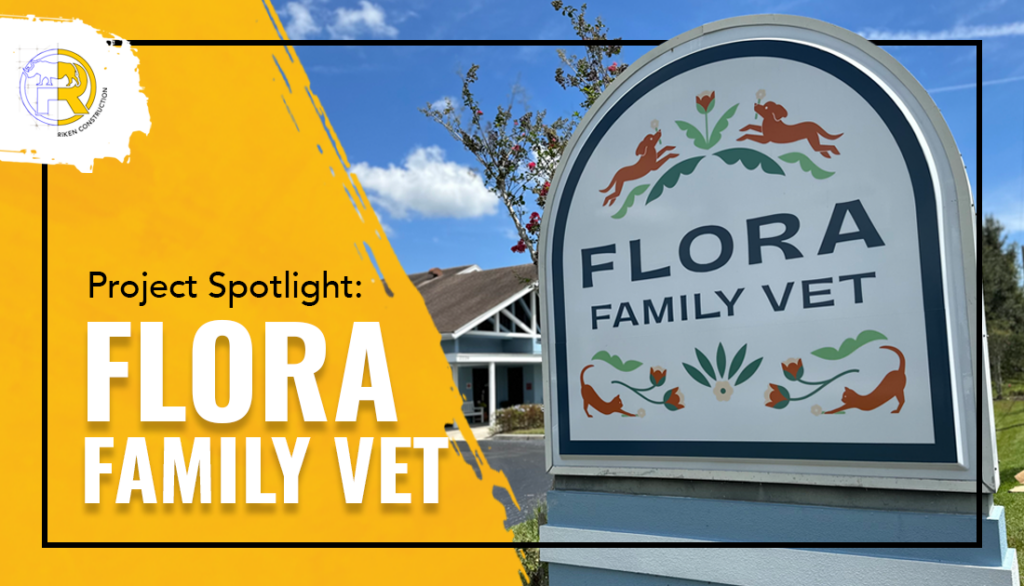 This header graphic shows an image of the new sign for Flora Family Vet. The copy states, "Project Spotlight: FLORA FAMILY VET"