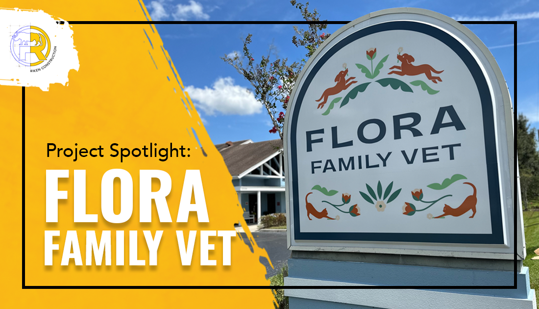 This header graphic shows an image of the new sign for Flora Family Vet. The copy states, "Project Spotlight: FLORA FAMILY VET"